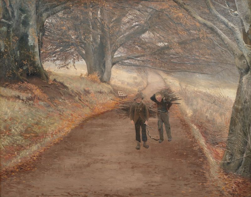Footpath near Herlufsholm, Zealand by Laurits Andersen Ring, oil painting of a tranquil landscape with trees and sunlight.