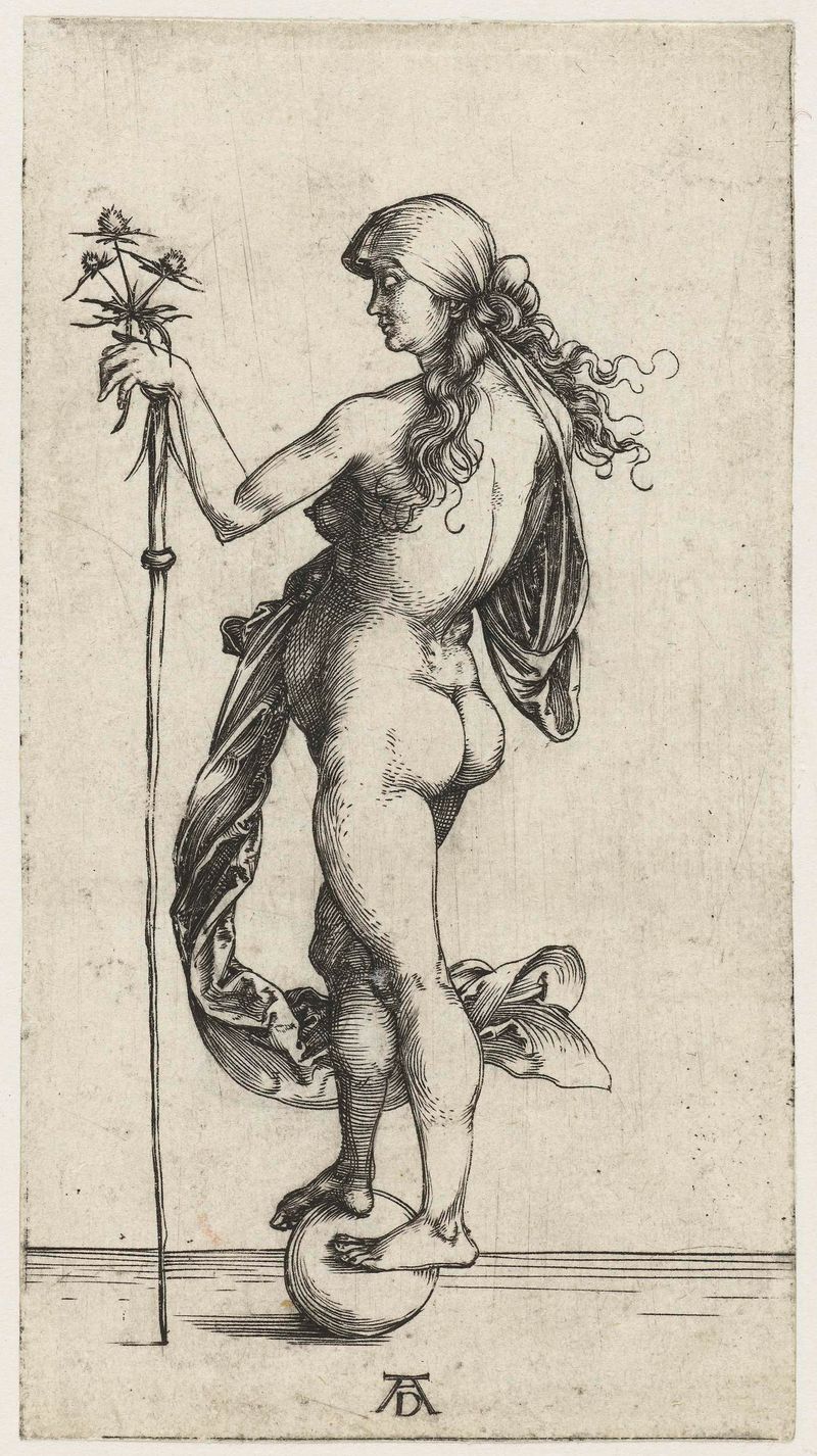 Engraving by Albrecht Dürer depicting Fortune balancing on a cloud
