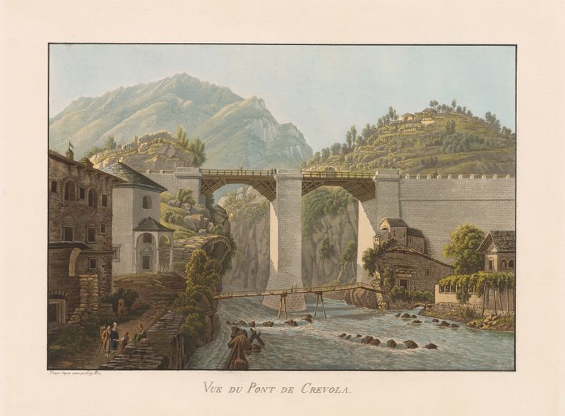 Vue du Pont de Crevola de Gabriel Lory el Joven, óleo sobre lienzo que representa un paisaje tranquilo con un puente.