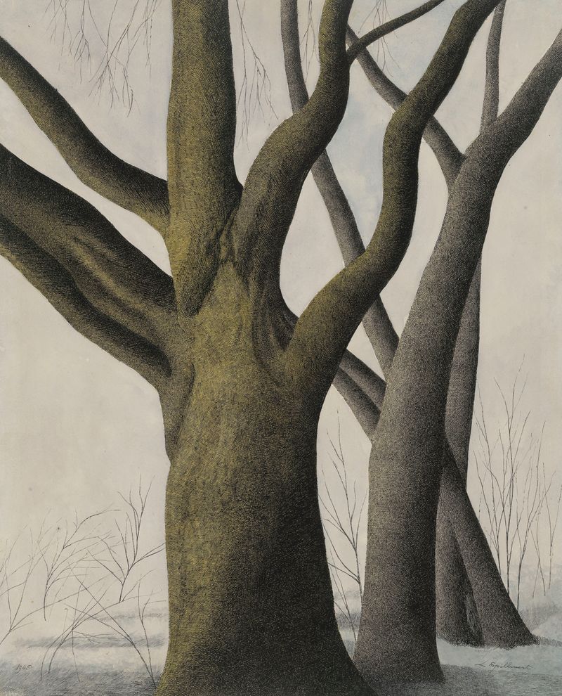 Pintura al óleo expresionista de Léon Spilliaert que representa un gran árbol en un paisaje turbulento