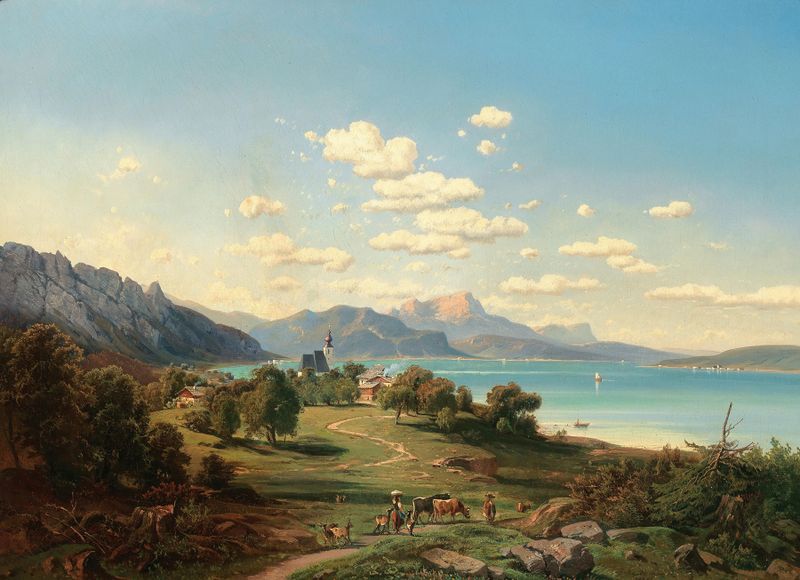 Landscape of Attersee lake with mountains by Josef Mayburger, oil painting