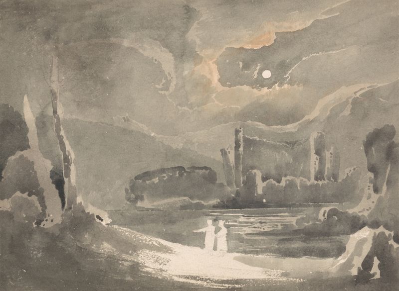 Moonlit landscape with a ruined castle, oil painting by John Martin
