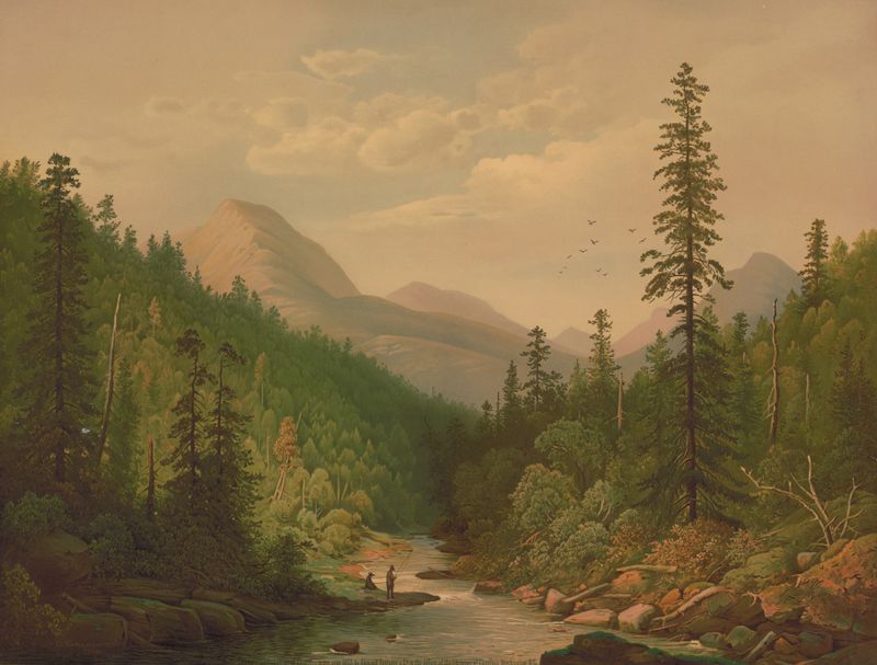 Wilderness scene with two figures fishing in a river, oil on canvas by Edmund Foerster & Co.