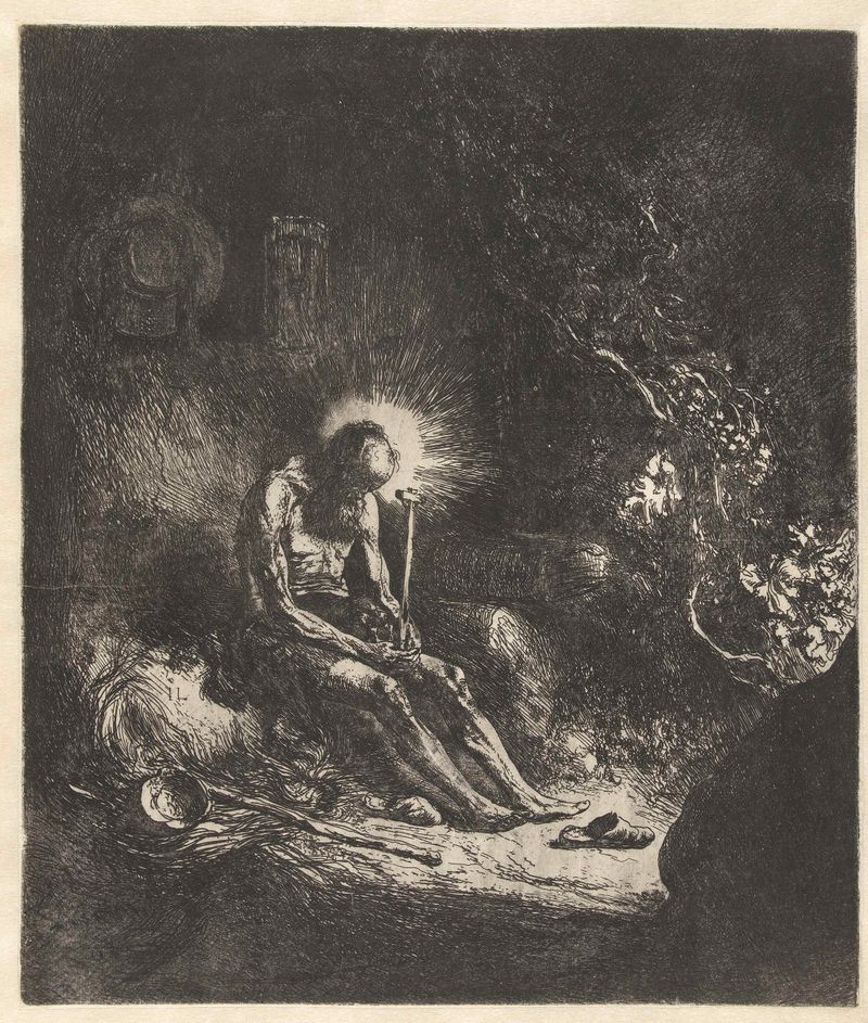 Heilige Hieronymus etching by Jan Lievens depicting Saint Jerome in solemn contemplation.
