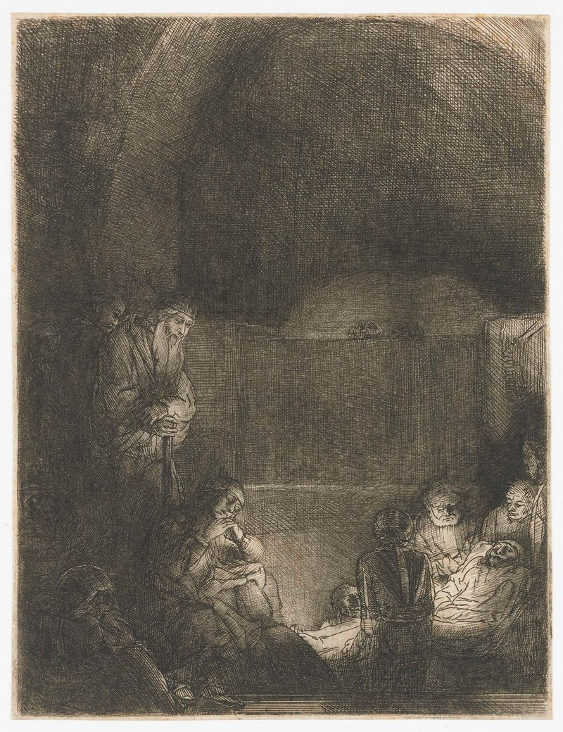 Grabado de Rembrandt van Rijn que representa el entierro de Cristo rodeado de dolientes