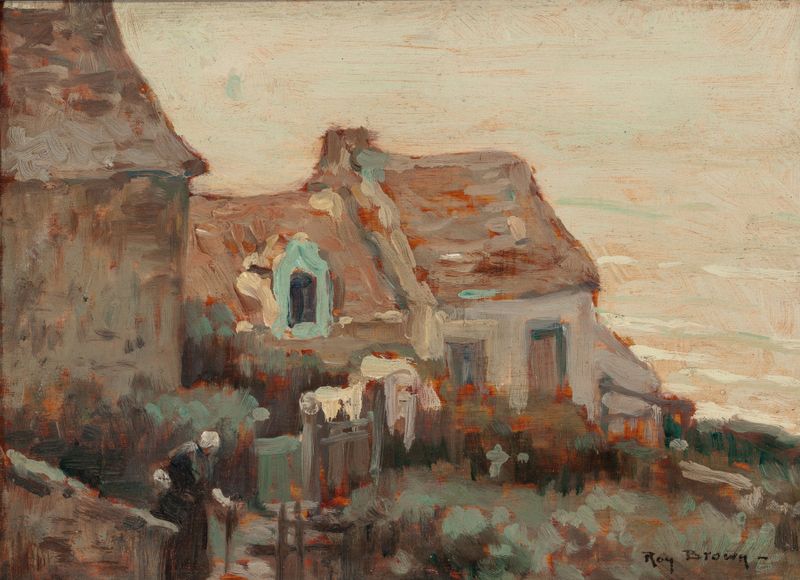 Brittany Village Scene de Roy H. Brown, óleo sobre lienzo que representa un colorido pueblo con techos de paja y caminos s...