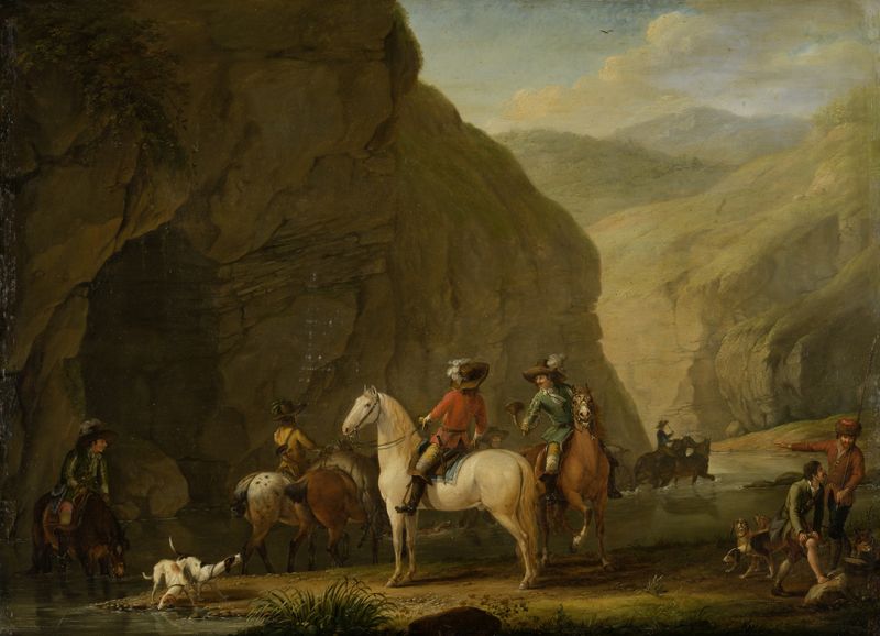 Mountain Landscape with a Hunting Party de Johann Georg Pforr, óleo
