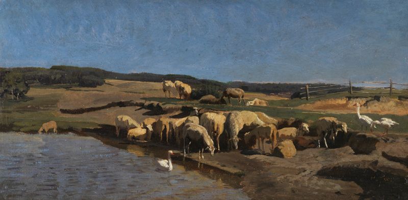 Paisaje con ovejas en un abrevadero, pintura al óleo de Johann Baptist Hofner