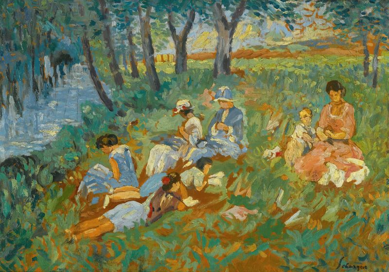 Les Andelys, La Famille Lebasque Au Bord De L’eau de Henri Lebasque, pintura a óleo que retrata uma família à beira do rio