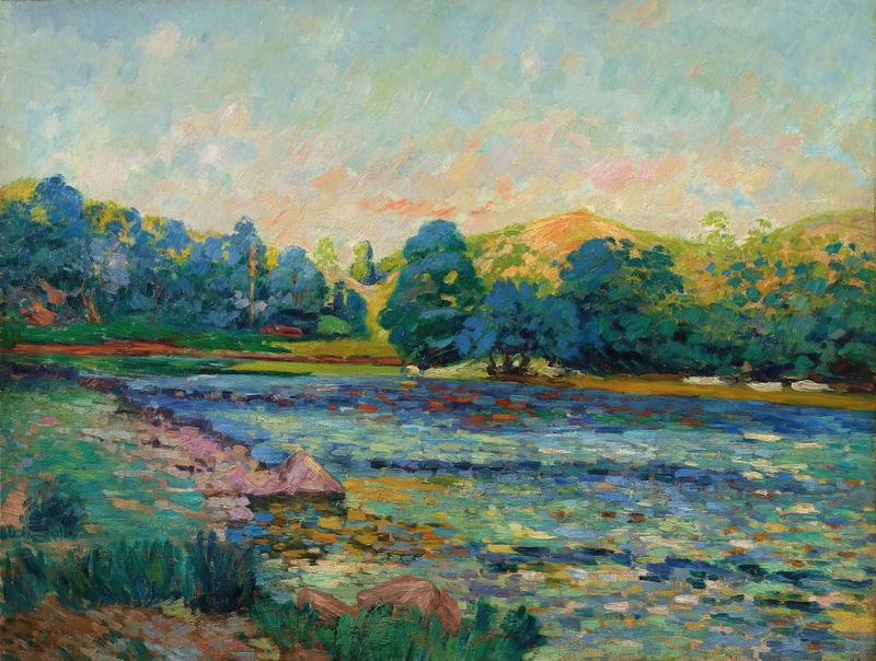 Paisagem com um rio e luz dourada, de Armand Guillaumin, pintura a óleo.