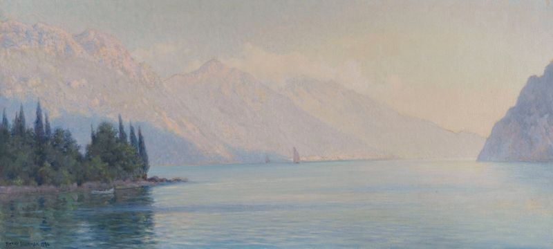 Monte Baldo de Henry Brokman, óleo sobre lienzo que representa vegetación exuberante y montañas.