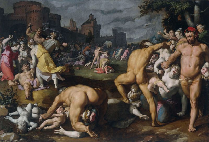 The Massacre of the Innocents, oil painting by Cornelis Cornelisz. van Haarlem depicting a violent scene.