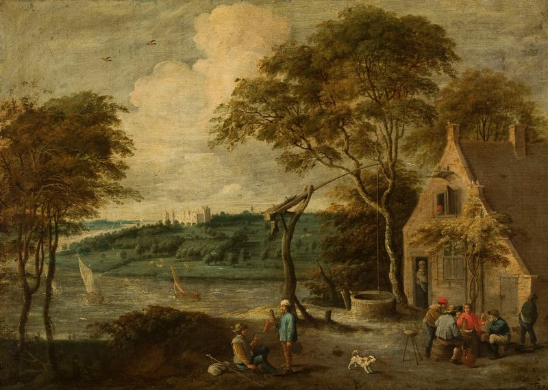Cena de gênero em paisagem de Hieronymus Galle I, meio desconhecido