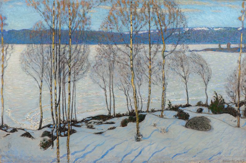 The Approach of Spring by Björn Ahlgrensson, oil painting depicting vibrant greenery.