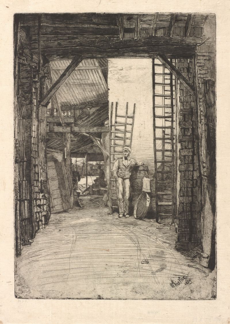 The Lime-Burner de James Abbott McNeill Whistler, pintura a óleo de um lime-burner cansado cercado de fumaça.