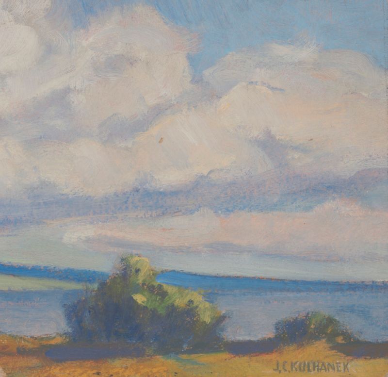 Landscape oil painting by James C. Kulhanek depicting a vast sky with vibrant colors.