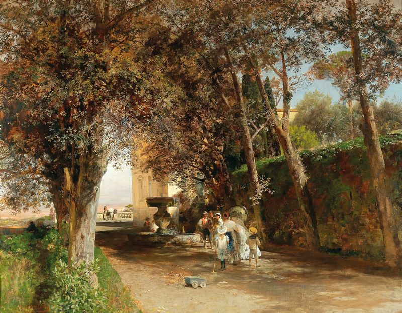 Paisaje con un sendero en el parque y luz filtrada, pintura al óleo de Oswald Achenbach