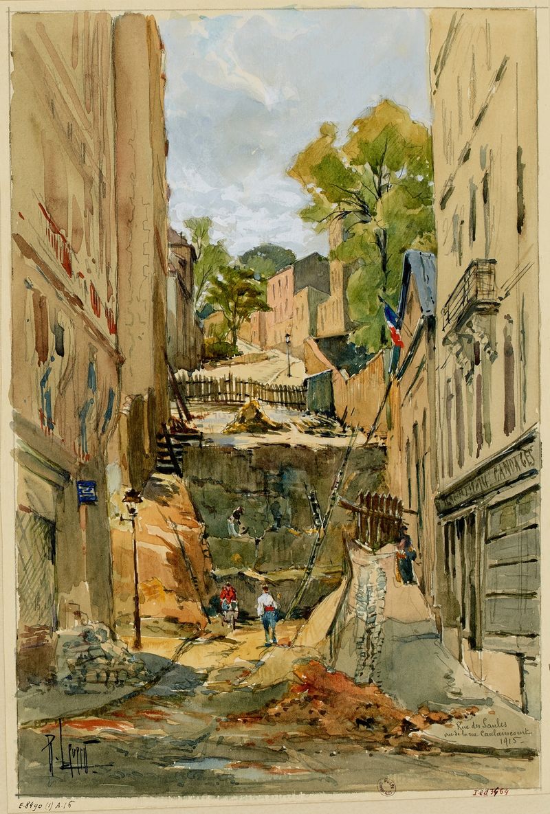 Landscape oil painting by Réné Leverd depicting a quiet street with buildings and a pathway.