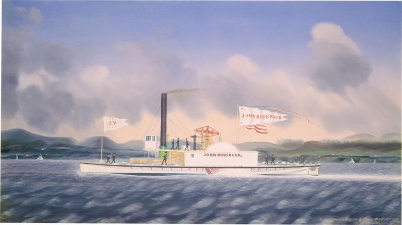 Towboat ‘John Birkbeck’ de James Bard, pintura a óleo que retrata uma embarcação em águas cintilantes.