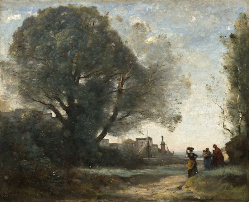 Paisaje de Souvenir of Terracina de Jean-Baptiste-Camille Corot, óleo sobre lienzo