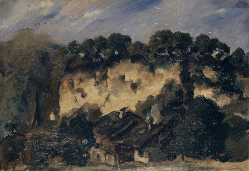 Houses by a Quarry, oil painting by Frank Buchser, featuring earthy tones and a quarry backdrop.