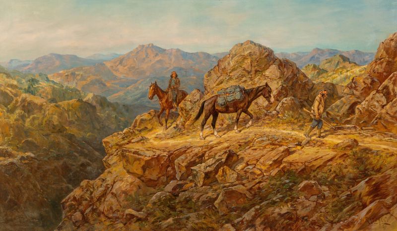 The Weary Trail de Henry Raschen, óleo sobre tela representando um caminho sinuoso em uma paisagem serena.