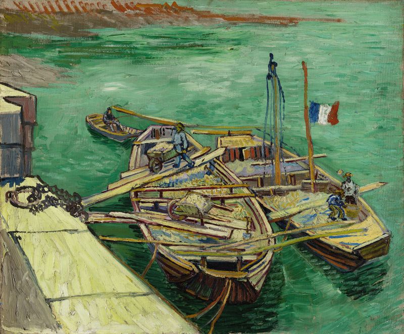 Quay with men unloading sand barges, óleo sobre tela de Vincent van Gogh