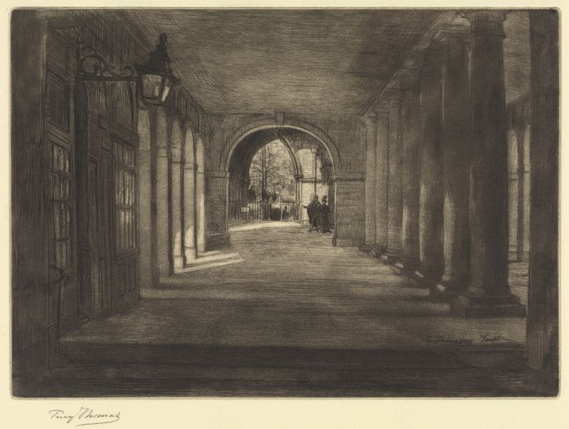 Victorian architecture in The Cloisters by Percy Thomas, featuring intricate arches and light.