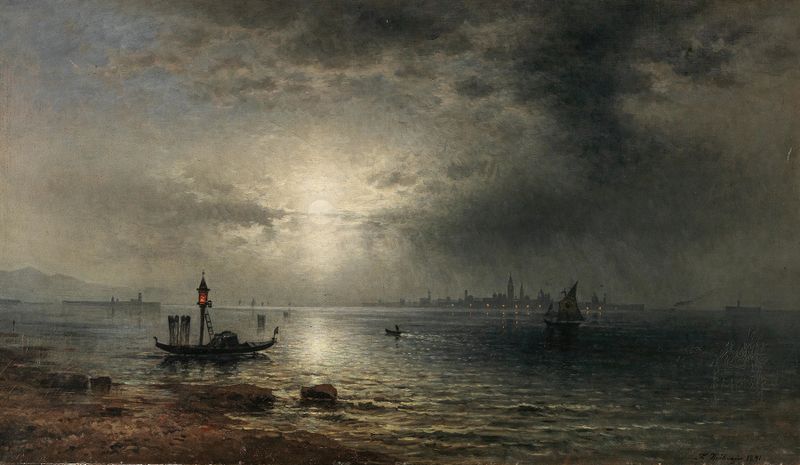 Lagoon at night with moonlight reflection, oil painting by Karl Heilmayer