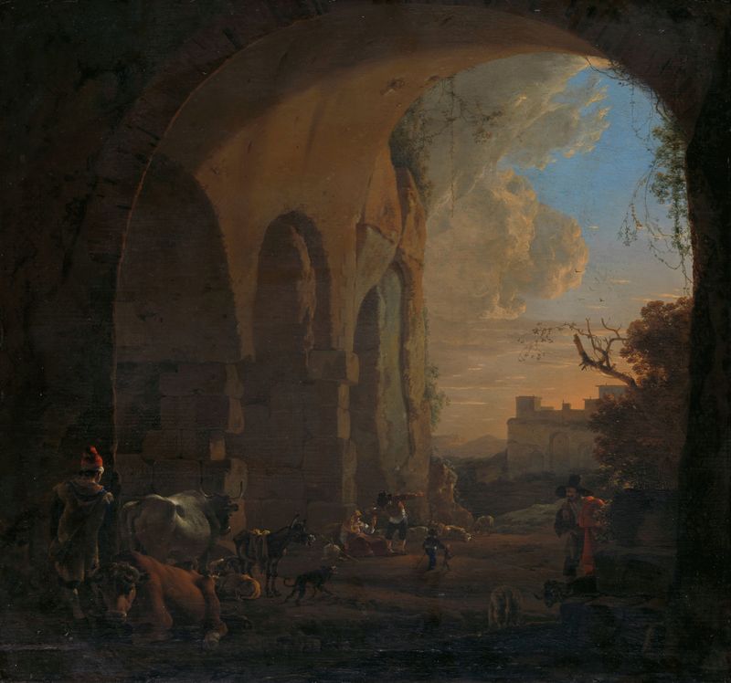 Drovers with cattle under the Colosseum arch, oil on canvas by Jan Asselijn