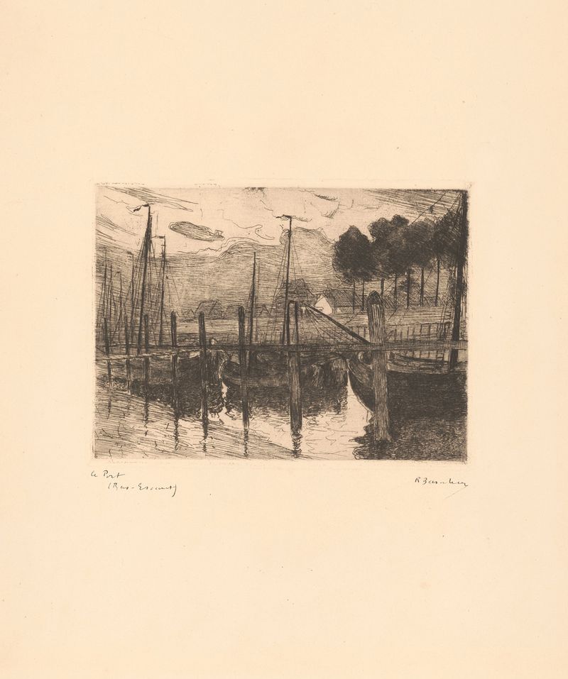 Marine scene of The Port by Richard Baseleer, oil painting with water and sky.