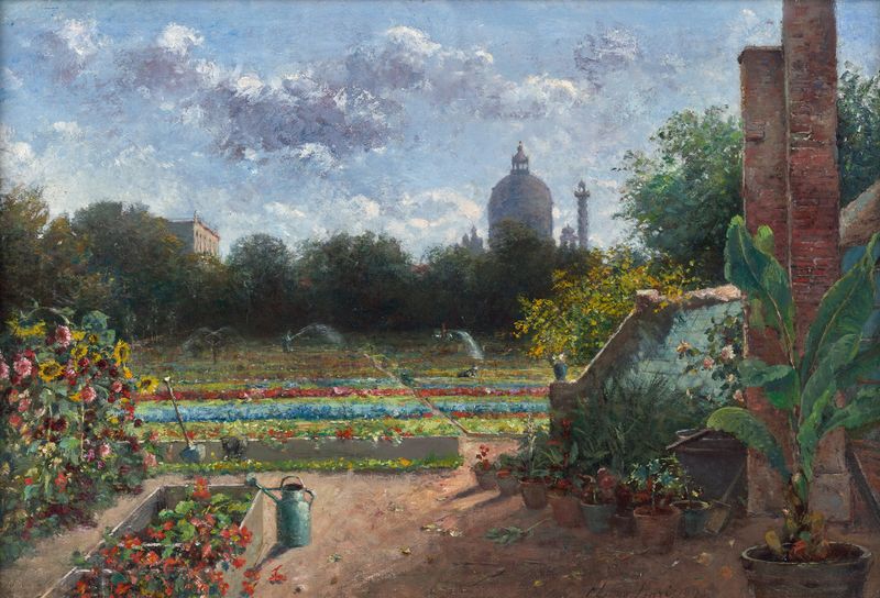 Escena botánica con flores vibrantes, óleo sobre lienzo de Hermine Lang-Laris