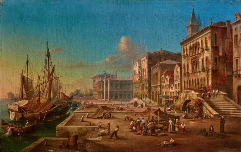 Riva degli Schiavoni, Venice, oil on canvas by Venetian School, depicting a twilight canal scene.