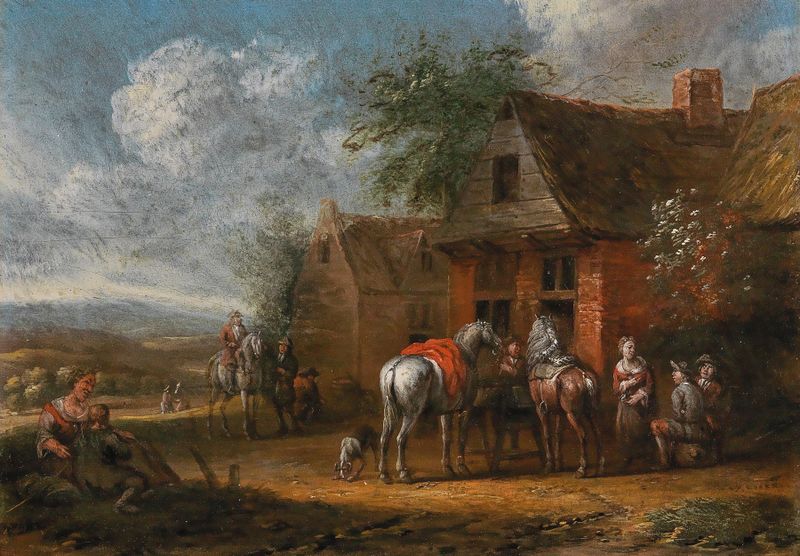 Jinetes frente a una taberna, óleo sobre lienzo de Cornelis van Essen