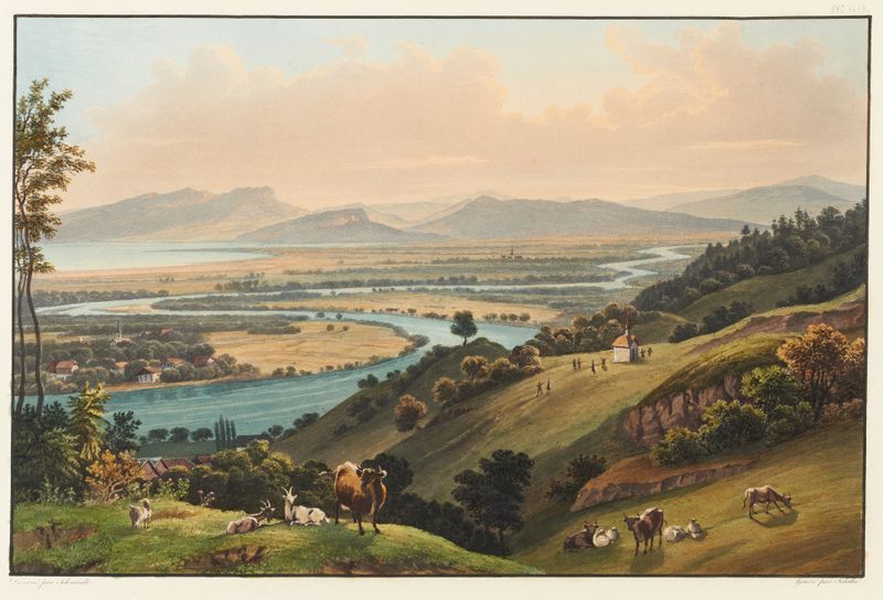 Landscape oil painting by Johann Ludwig Bleuler depicting a river, valley, and hills.