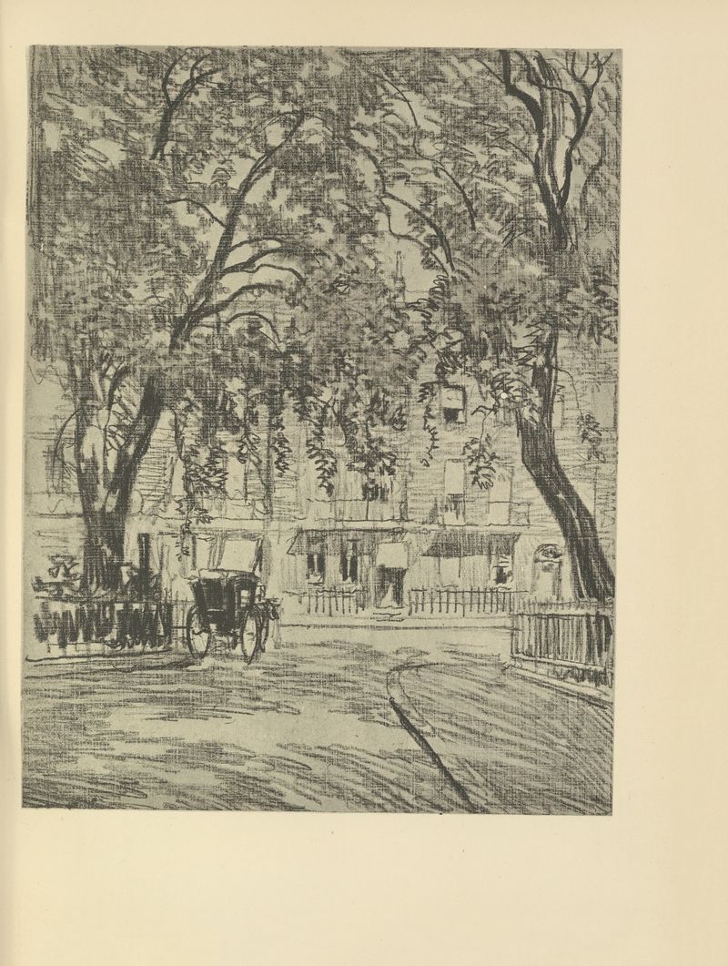 Woburn Square de Joseph Pennell, que representa un paisaje urbano en un medio desconocido.
