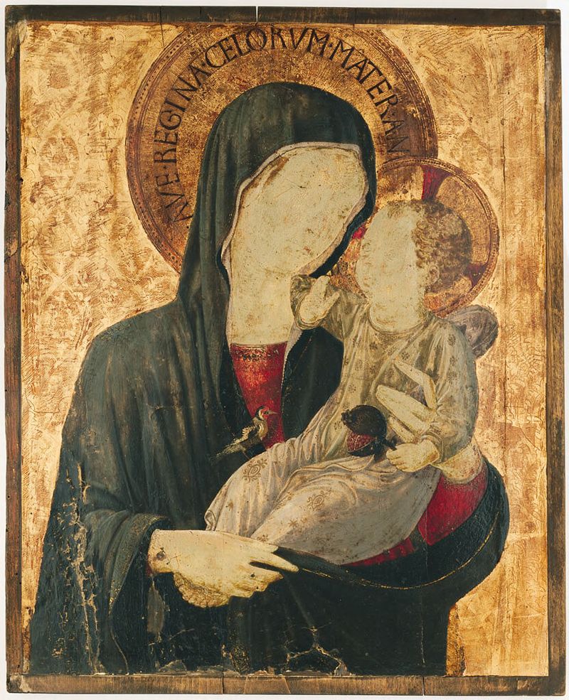 Tempera sobre painel de Benozzo Gozzoli retratando Madonna e Filho em um abraço terno