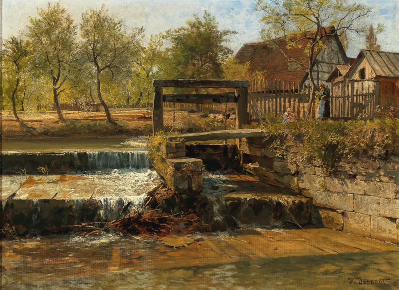 A Weir de Hugo Darnaut, óleo sobre tela mostrando água fluindo sobre um weir.