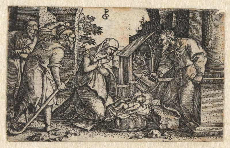 Gravura de Georg Pencz retratando a cena da natividade com Maria, Cristo e pastores.