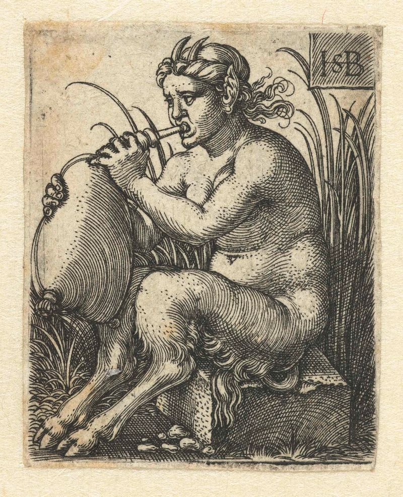 Engraving by Hans Sebald Beham depicting a satyr playing a bagpipe