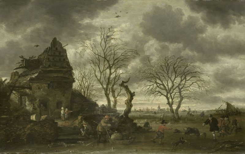 Winter scene by Salomon Rombouts, oil painting depicting a snowy landscape.