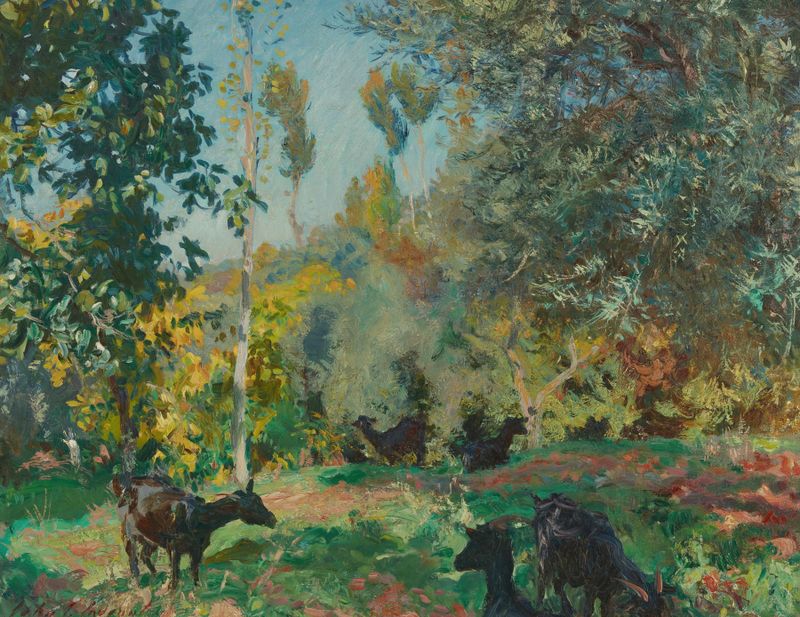 Landscape with Goats de John Singer Sargent, pintura a óleo mostrando cabras em colinas sob a luz do sol.