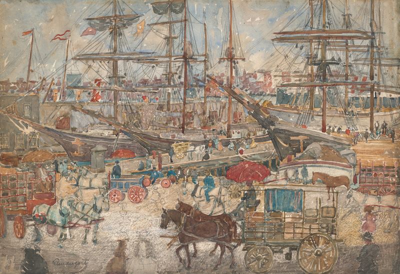 Watercolor by Maurice Prendergast depicting docks and colorful boats in East Boston.