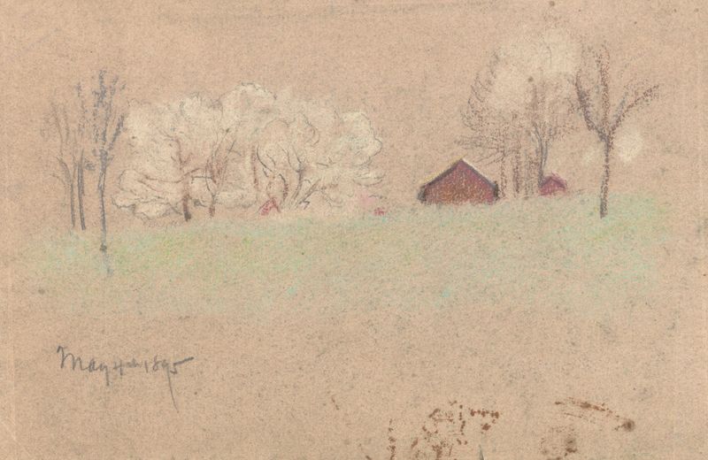 The Red Barn by Arthur Bowen Davies, oil painting of a crimson barn in a lush landscape.