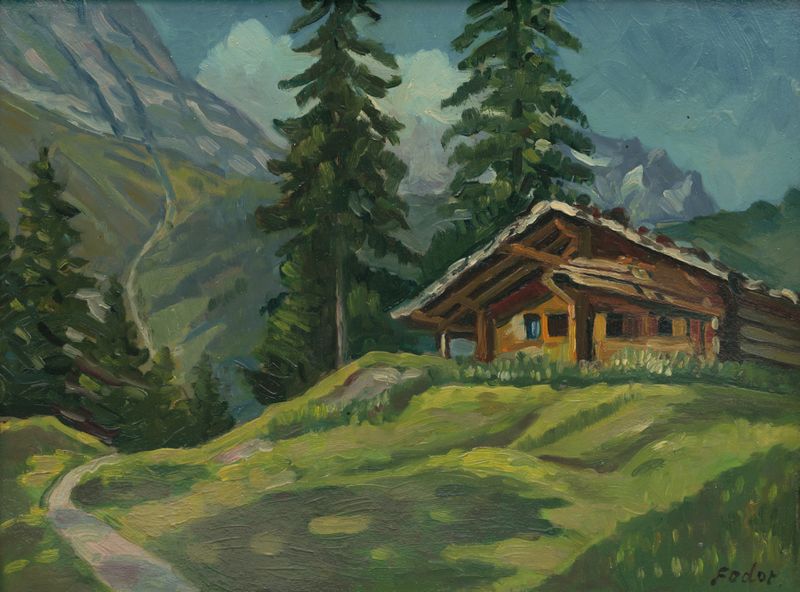 Tatranská krajina de Štefan Fodor, pintura a óleo que retrata uma paisagem serena.