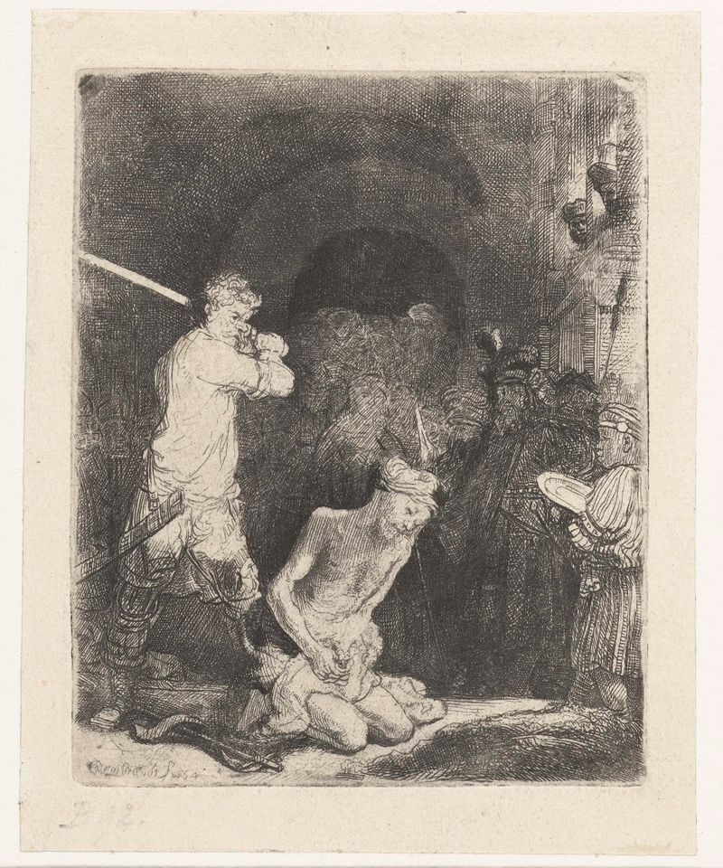 A decapitação de São João Batista, gravura de Rembrandt van Rijn, retratando uma cena religiosa tensa.
