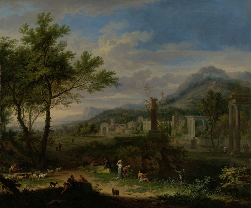Arcadian landscape with fishermen, oil on canvas by Jan van Huysum