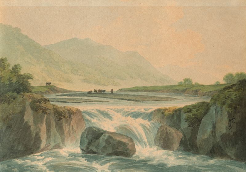 A waterfall on the River Rheidol by John Warwick Smith, oil painting