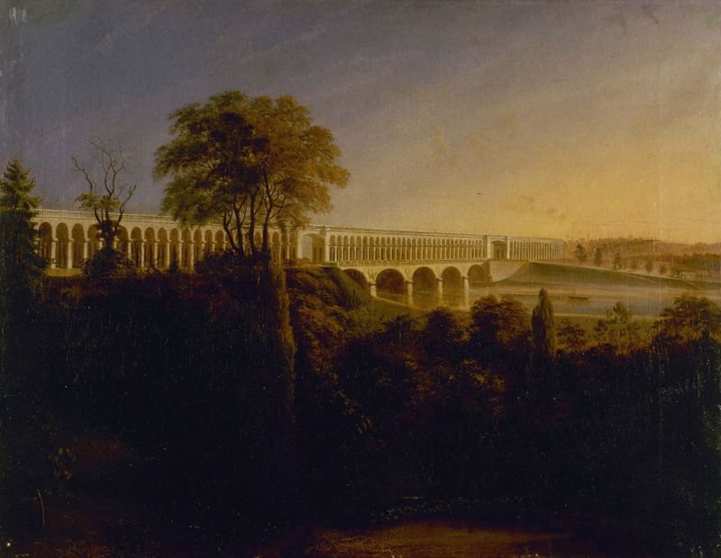 Le Pont du Point-du-Jour, à Auteuil de François-Edme Ricois, óleo sobre tela que retrata uma ponte sobre um rio.