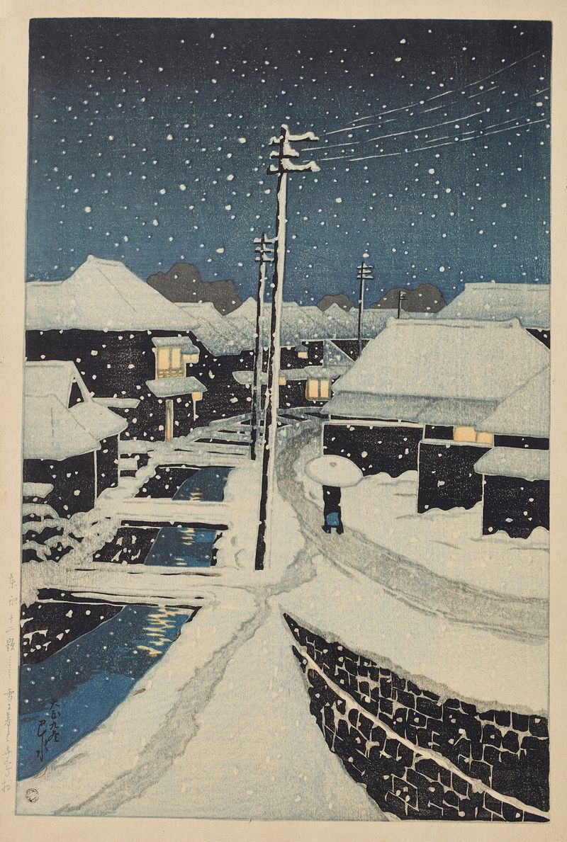 Evening snow landscape woodblock print by Kawase Hasui